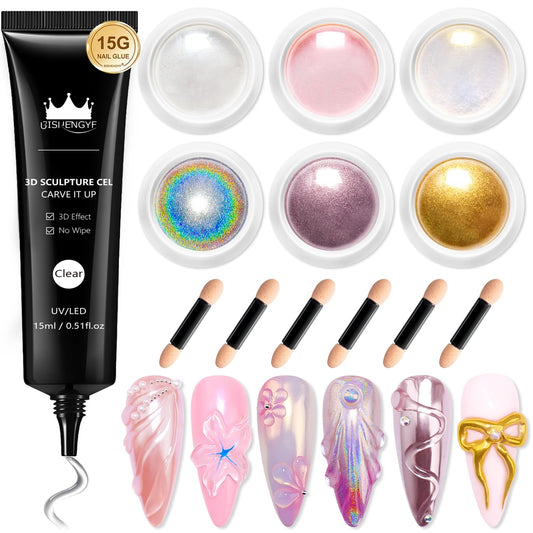 Chrome Nail Powder and 3D Nail Gel Kit BISHENGYF: 15g No Wipe 3D Sculpting Gel Aurora Pink White Pearl Gold Chrome Nail Powder with Clear 3D Carving Nail Molding Glue Set for Nail Art Decoration