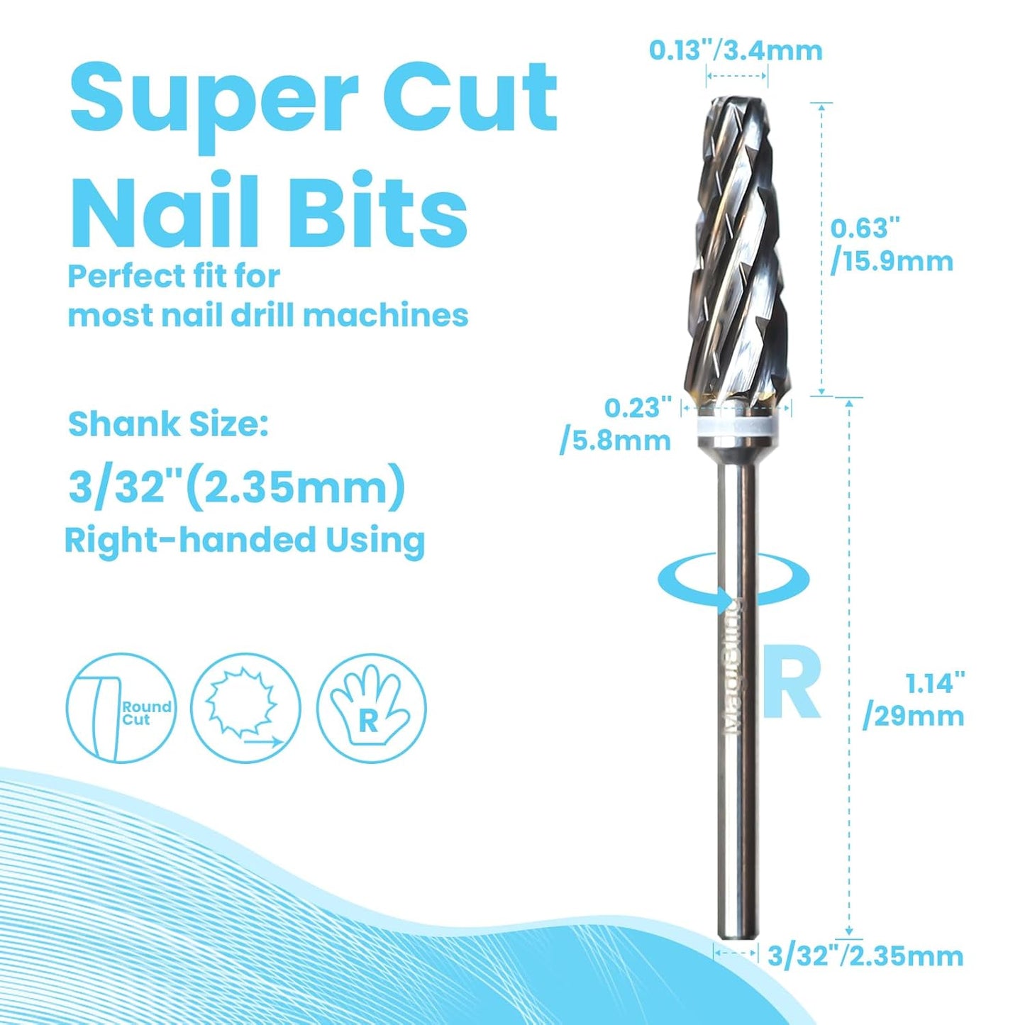 Super Cut 5 In 1 Nail Drill Bits, Tapered Barrel 3/32'' Safety Tungsten Bits, Upward Cut for Hard Gel Removal, Right Hand Use, Manicure Cuticle Gel Polishing, Technicians Bits, Quadruple Coarse.
