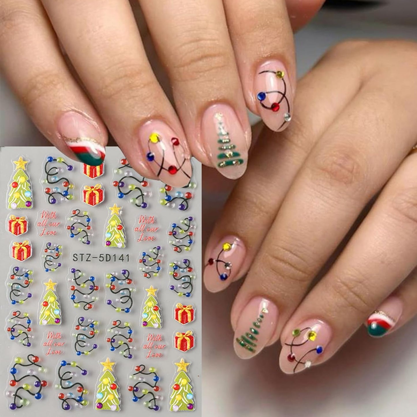 2Pcs Christmas Colorful Light Nail Art Stickers 5D Embossed Nail Decals Neon Lamp Xmas Tree Gifts Design Manicure Sliders Self-Adhesive Winter Nail Art Supplies for Women New Year Nail Decoration