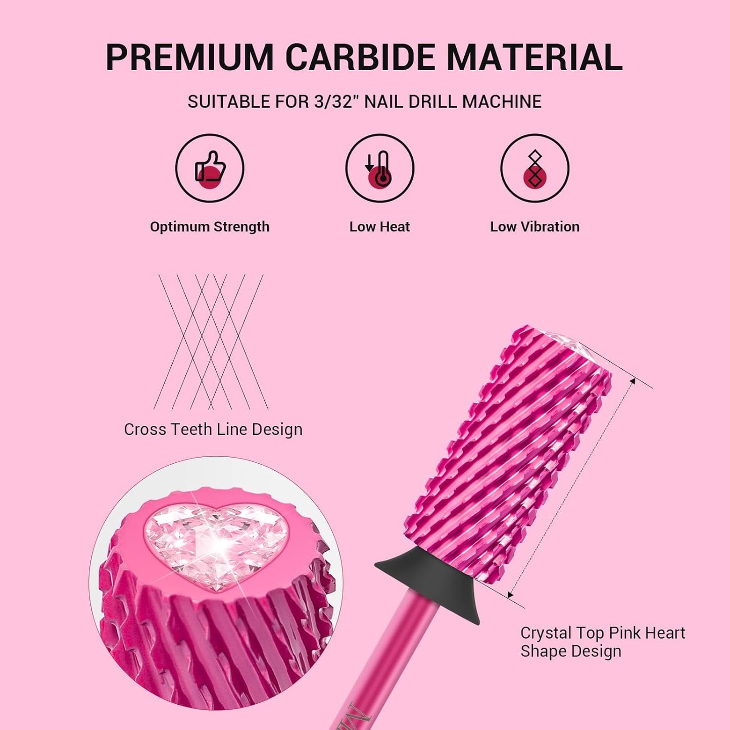 MelodySusie Large Barrel 3/32'' Tungsten Carbide Nail Drill Bit, Crystal Top Pink Heart Shape, Fast Remove Acrylic Gel, Cuticle Gel Polishing for Manicure Pedicure, Pink Blossom, Series Bit-S, XC