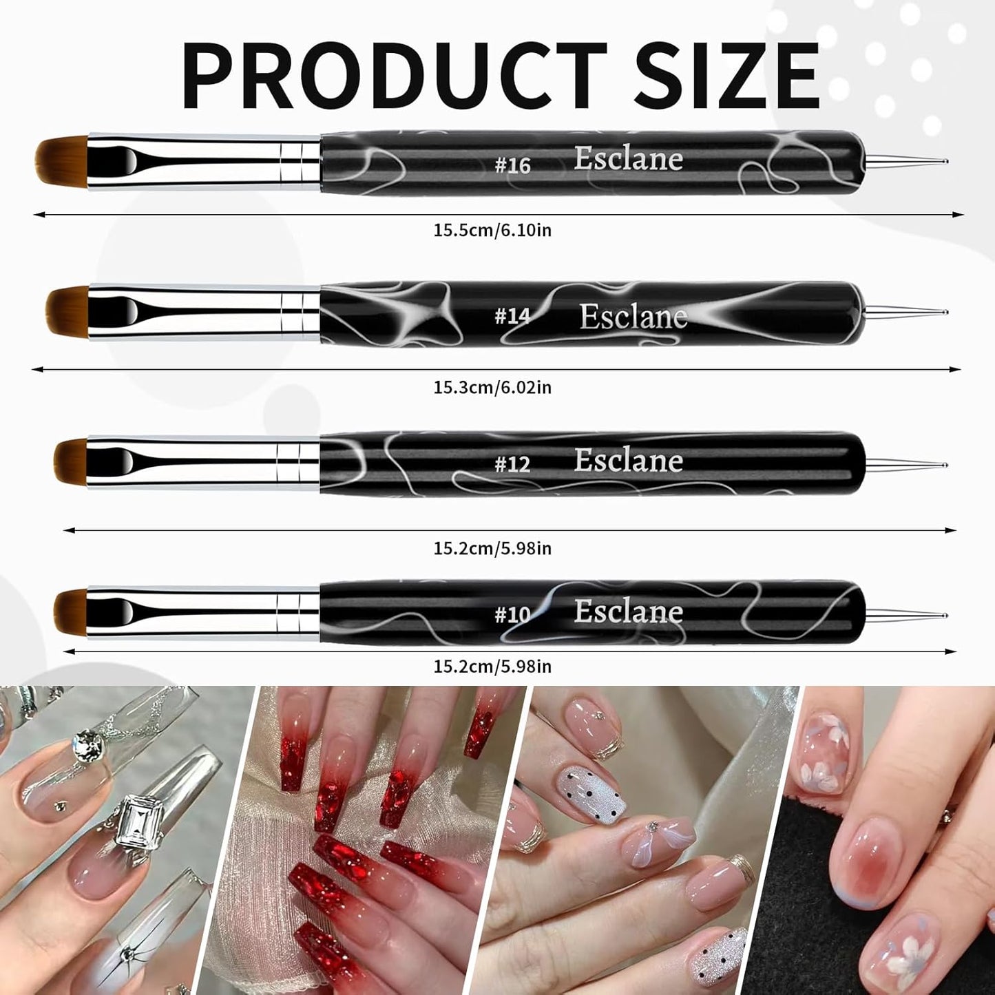 French Manicure Brush, Esclane 2 Way French Nail Brush with Dotting Tool for Manicure Cuticle Clean Up Nail Art Design, French Tip Brush (Black, #16)