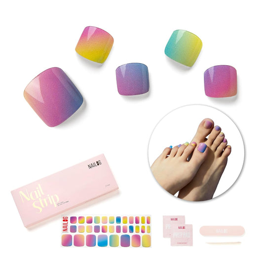 NAILOG Semi Cured Gel Nail Strips, Toe Nail Polish Strips with Glossy Gel Finishing | Buy 3 Get 1 UV Lamp| 32 Pieces Long Lasting Pedi Stickers | Rainbow