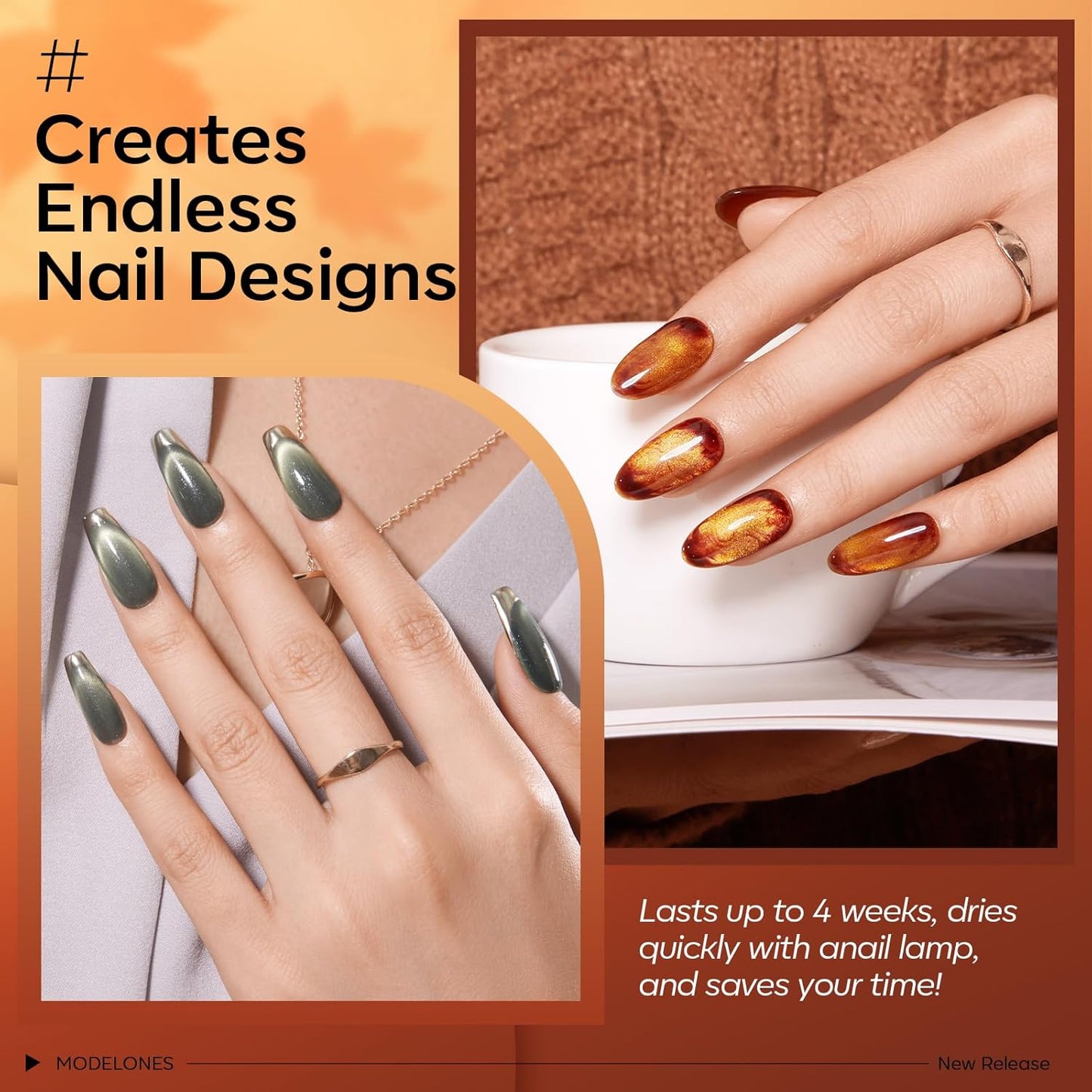 Modelones 32 PCS Fall Gel Nail Polish Kit, 28 Colors Cat Eye Glitter Brown Red Orange Gel Polish with Base Coat, Glitter & Glossy & Matte Top Coat Soak Off LED Nail Art Kit Salon at Home