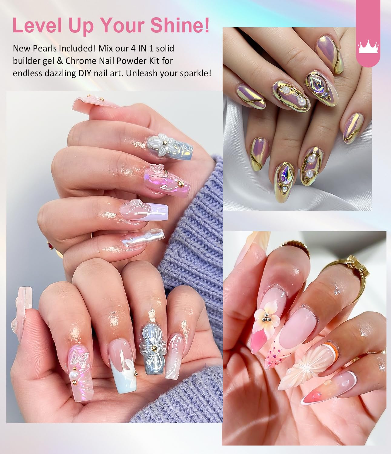 Solid Builder Gel and Chrome Nail Powder Kit BISHENGYF: 60g 4 In 1 No Wipe 3d Sculpting Nail Gel Aurora Pink White Pearl Chrome Nail Powder Clear Non-Sticky Hand Extension Glue for Nail Decoration