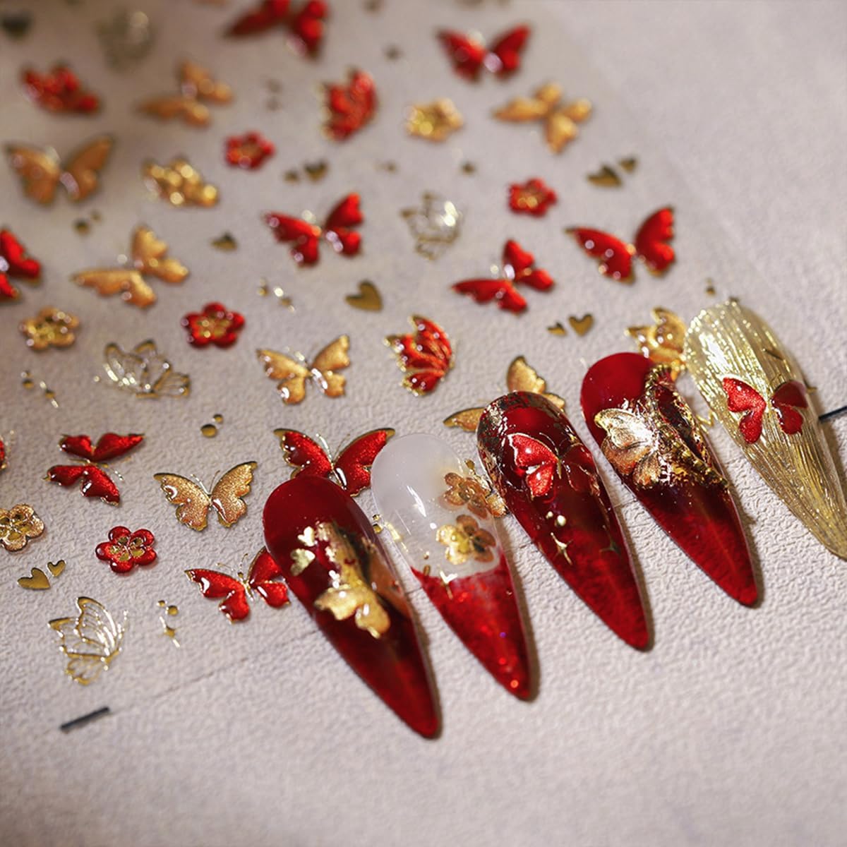 5D Embossed Butterfly Nail Art Stickers - Red & Gold Butterfly Nail Decals for DIY Manicure