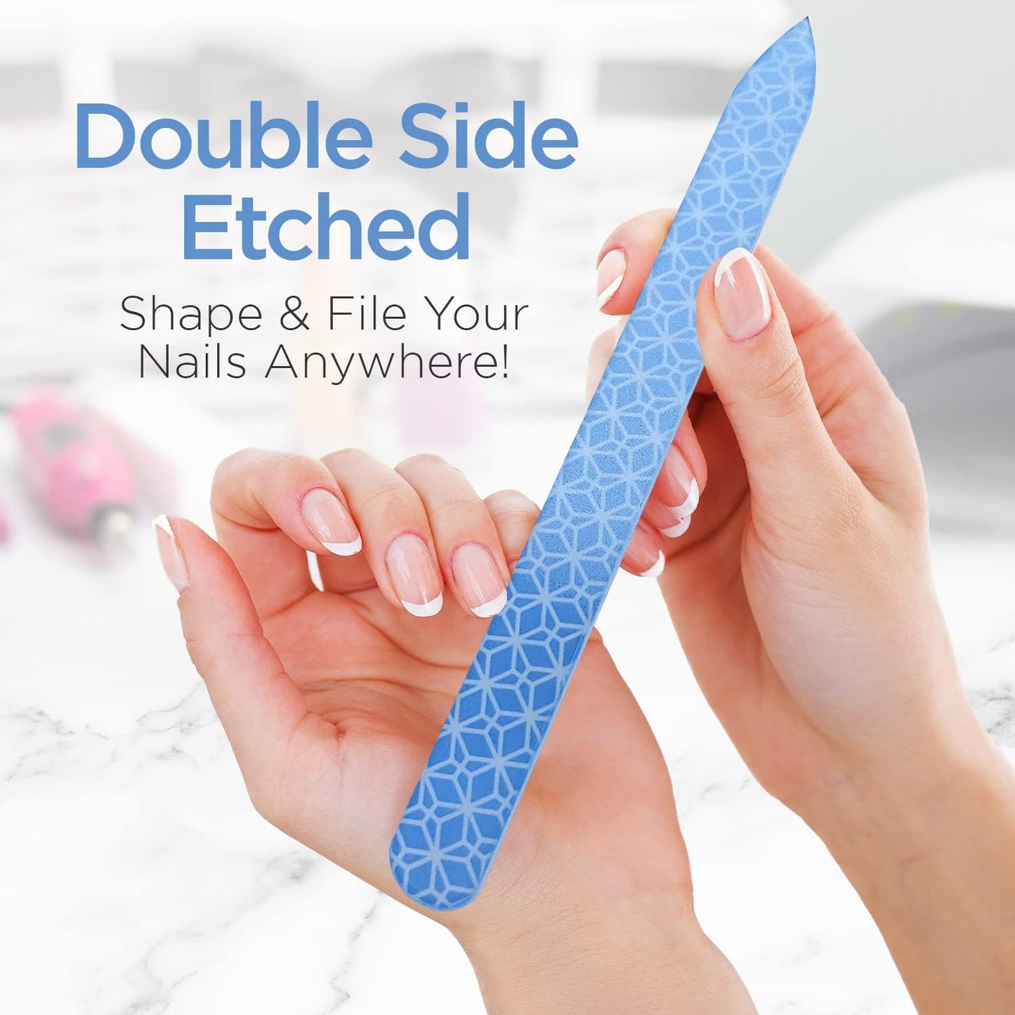 Pop Sonic Double-Sided Glass Nail File | Fingernail Files for Shaping & Smoothing Nails | High-Quality Tempered Glass | Strong, Wear-Resistant Filer w/Protective Carrying Case (Blue Geo)