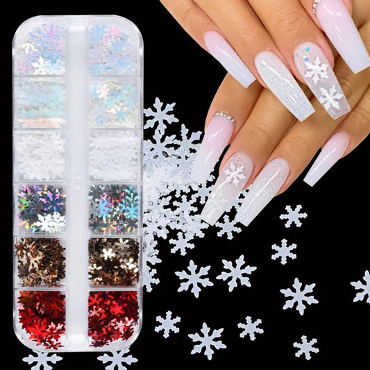 12 Grids 3D Snowflake Nail Glitter Sequins Snowflake Nail Art Stickers Decals Holographic Laser Christmas Nail Glitter Flakes Xmas Winter Snowflake Glitter for Nails Accessories Snow Nail Art Glitters