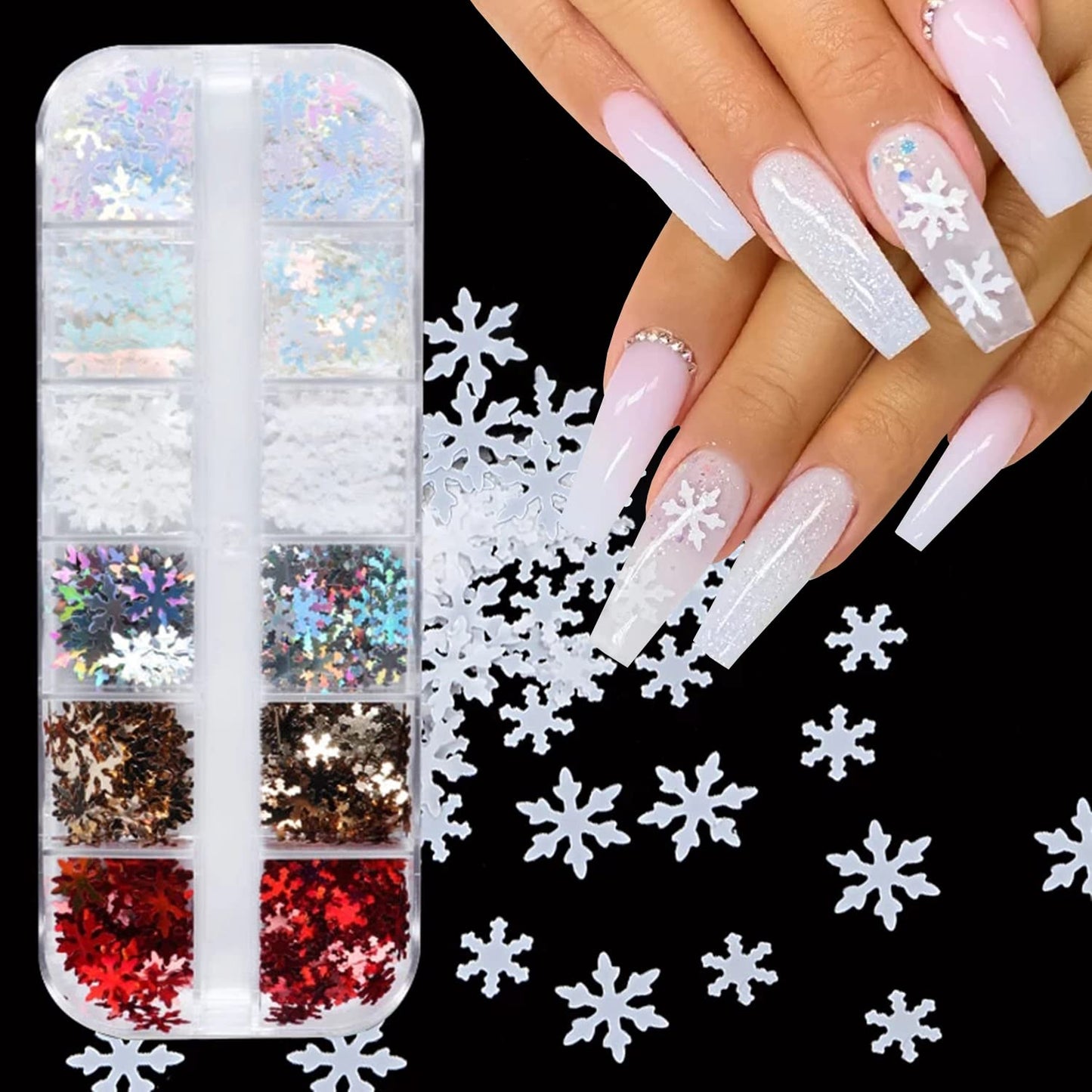 12 Grids 3D Laser Snowflake Nail Decals - Holographic Sequins, White Snow Glitter Shapes - Christmas & Winter Nail Art Stickers