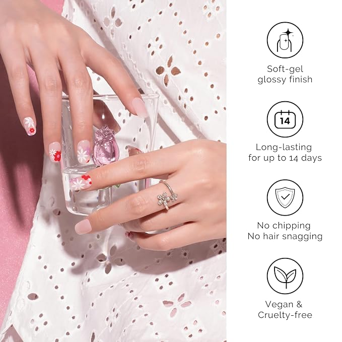 Nailog Semi Cured Gel Nail Strips 34 pcs | Long Lasting Nail Polish Sticker Wraps with Glossy Gel Finish (Florid)