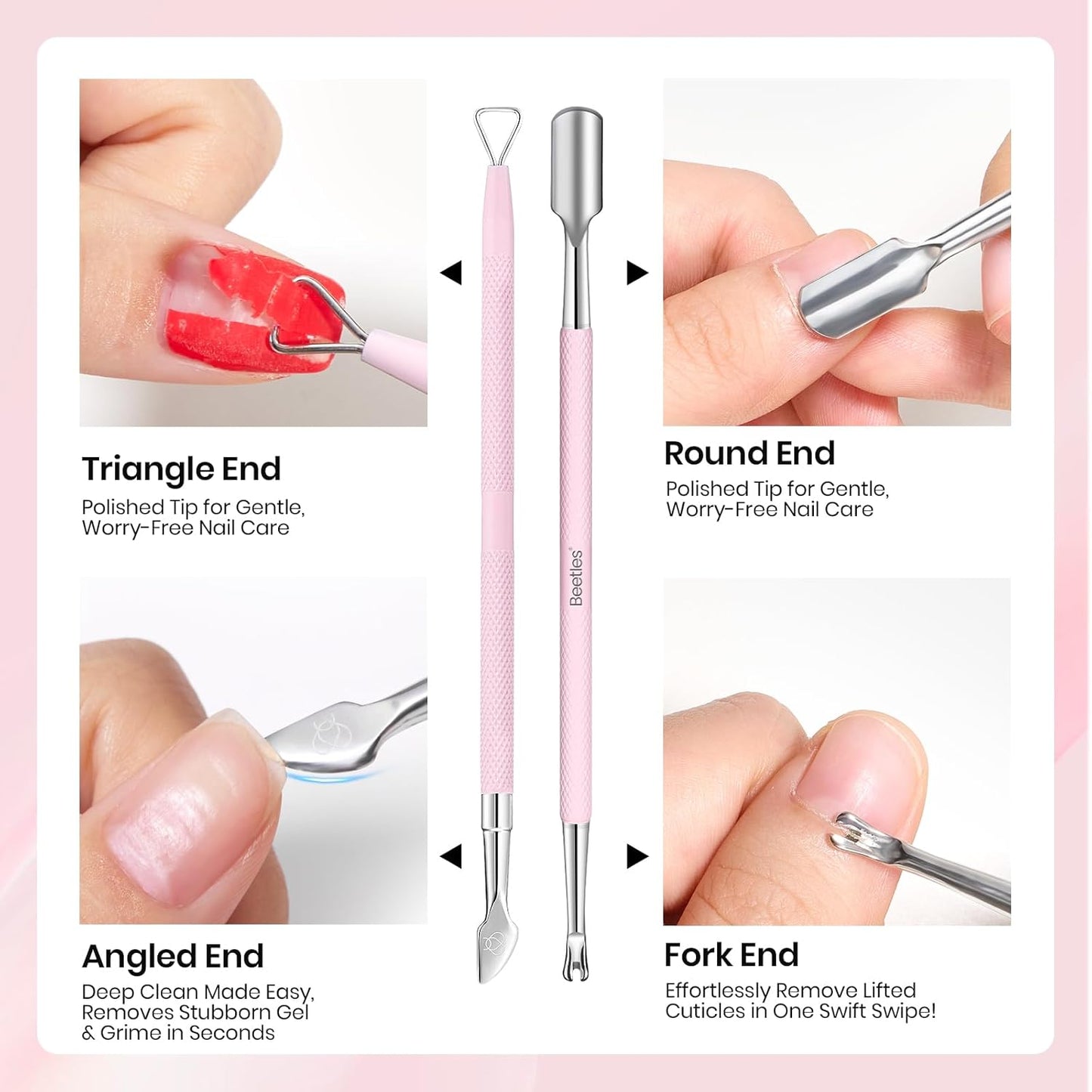Beetles Manicure Kit for Women with Cuticle Remover, 3 PCS Pink Manicure Set Cuticle Trimmer Dual End Cuticles Pusher Clean Nails Tip Dirt Pusher with Storage Pouch Nail Prep Kit for Gel Nail Polish