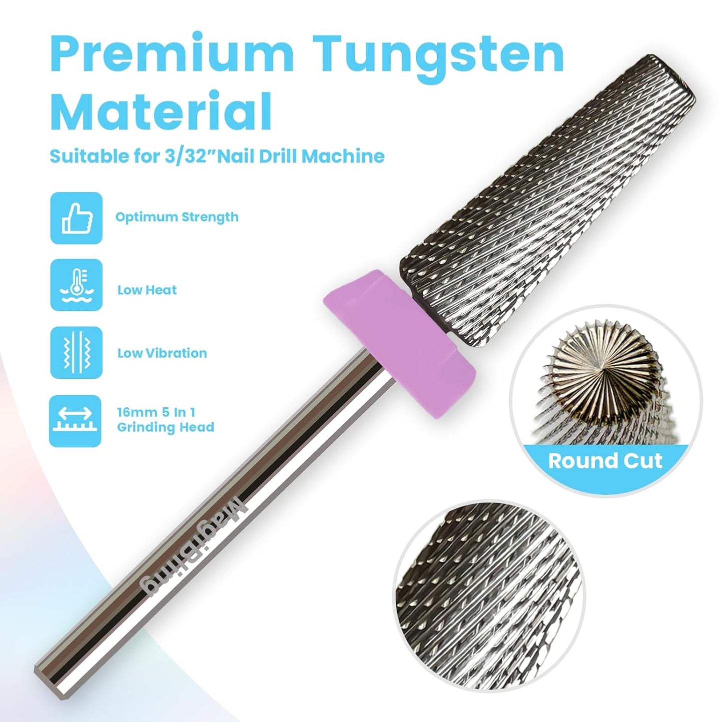 16mm 5 in 1 Tapered Barrel Nail Drill Bits, 3/32'' Safety Tungsten Carbide Bits for Professionals, Right & Left Rotation, Manicure Cuticle Gel Acrylic Removal Polishing, Technicians Bits, Double Fine.