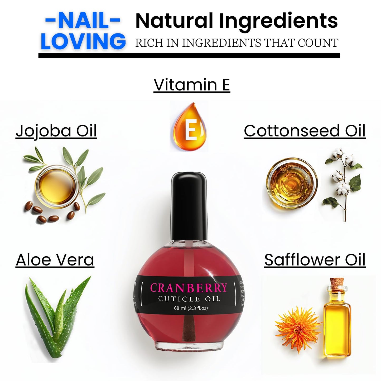 Ellie Chase Moisturizing Cuticle & Nail Care Oil 2.3 Fl Oz - Cranberry Scented – Infused with Jojoba Oil, Aloe, Vitamin E – Nail & Cuticle Hydration, Repair, Moisturizer, Strengthener, Growth