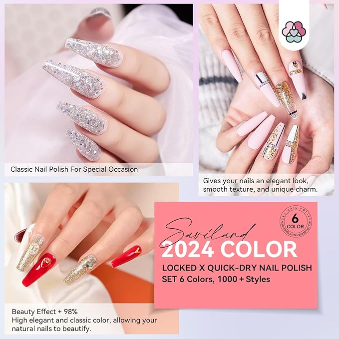SAVILAND Finger Nail Polish Set: 6pcs Classic Quick Dry Nail Polish Kit Color Locked X Tech White Black Red Pink Brown Bulk Toenail Polish Castor Oil Nail Lacquer Salon Tech Manicure Pedicure Home