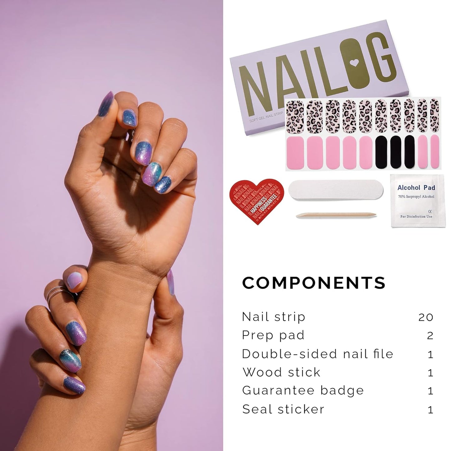 Semi Cured Gel Nail Strips, NAILOG 20pcs Long Lasting Nail Stickers Work with Any UV Light, Wraps with Glossy Gel Finishing for Women Girls Kids DIY Gift│Aurora