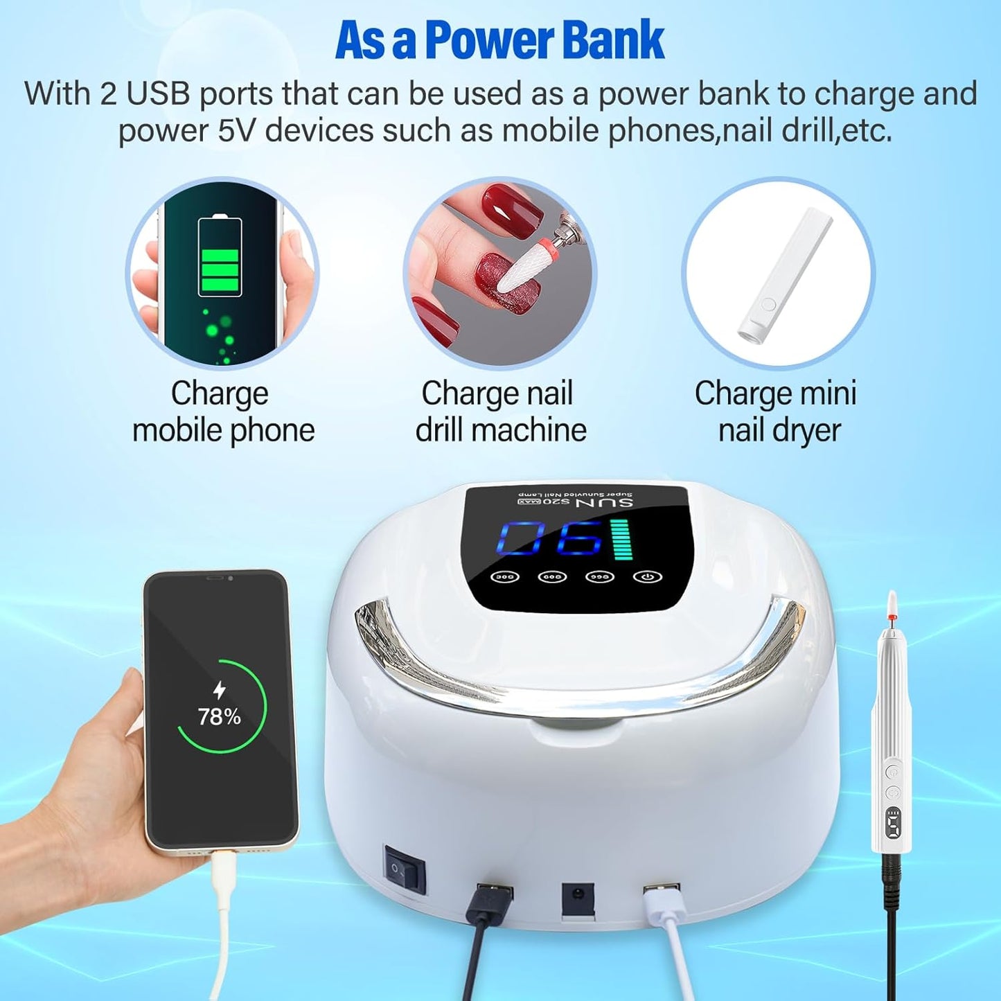 UV LED Nail Lamp Dryers Cordless 128W Portable Rechargeable UV Light for Gel Nails Polish Kit,Fast Curing Wireless Builder Gel Lamp with Sensor 3 Timer LCD Display 48 LED,Manicure Pedicure Art Tools