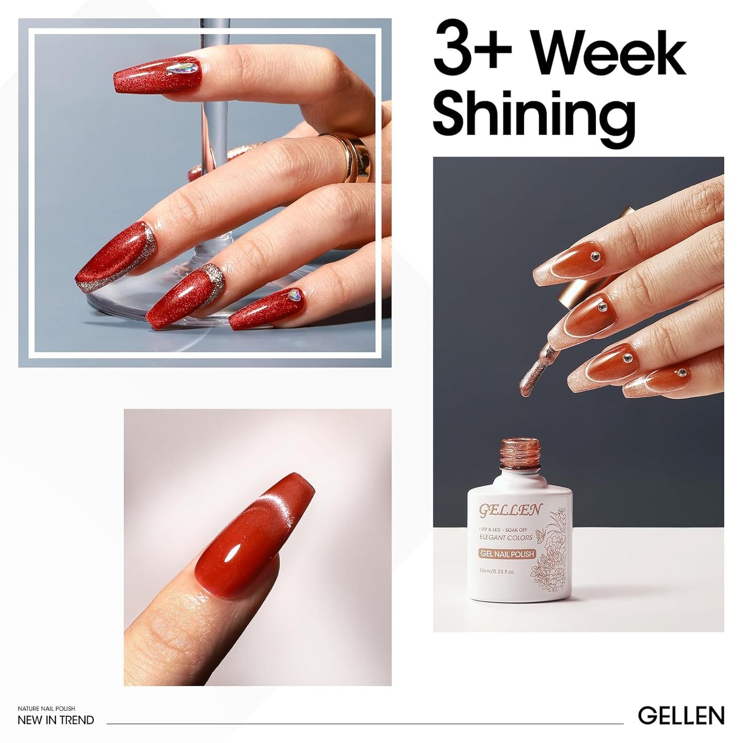 Gellen Glitter Cat Eye Gel Nail Polish Set 6 Colors Red Burgundy Gel Nail Polish with Magnet UV LED Soak Off Sparkle Nail Polish Kit Magnetic Gel Polish Set for DIY Nail Art Women Valentine’s Day Gift