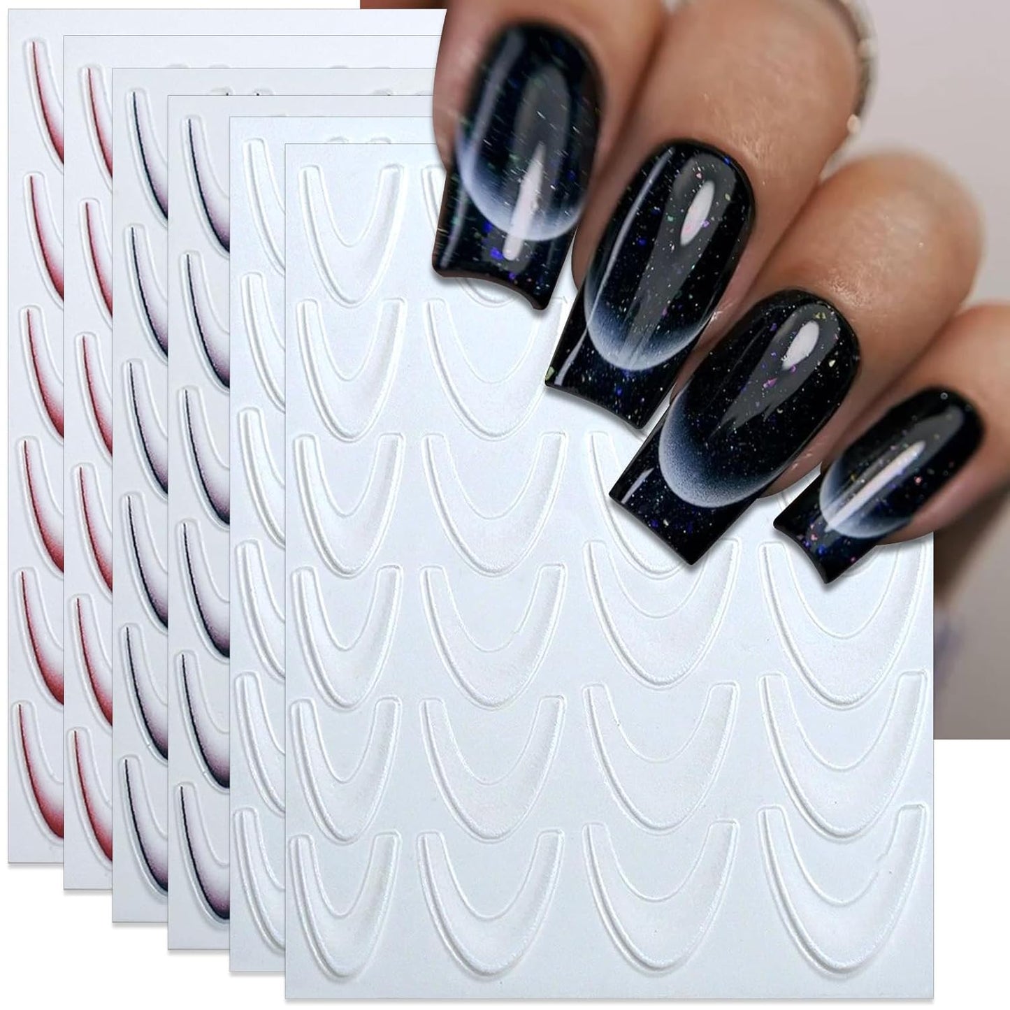 6 Sheets Gradient French Line Nail Art Stickers - Self-Adhesive Curved Stripes Nail Decals, French Tips Guides Designs for DIY Manicure (3 Colors)