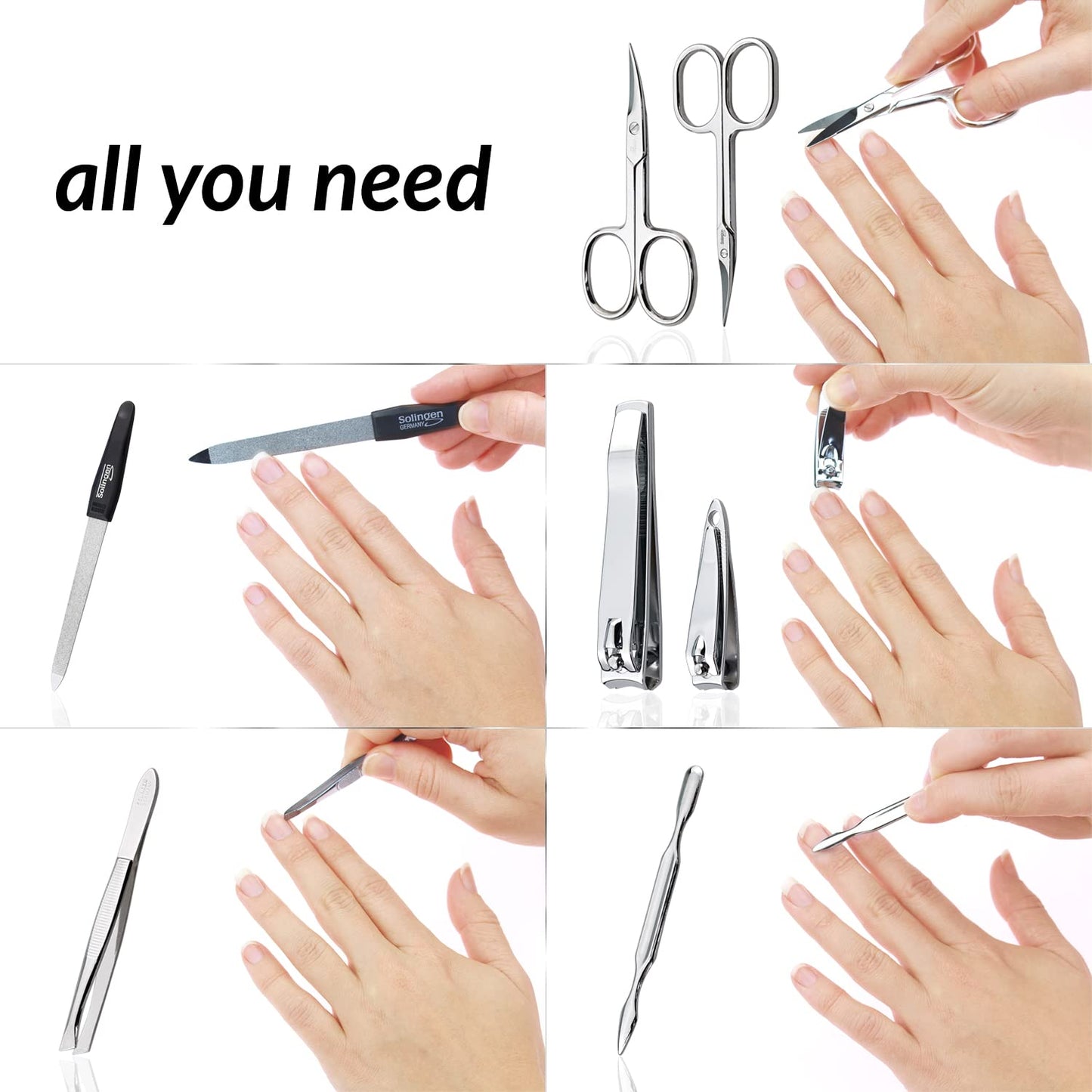 Manicure Set Solingen Made in Germany - 7 Piece Exclusive Finger & Toe Nail Clippers Kit for Women and Men in Real Leather Case, Color Blue