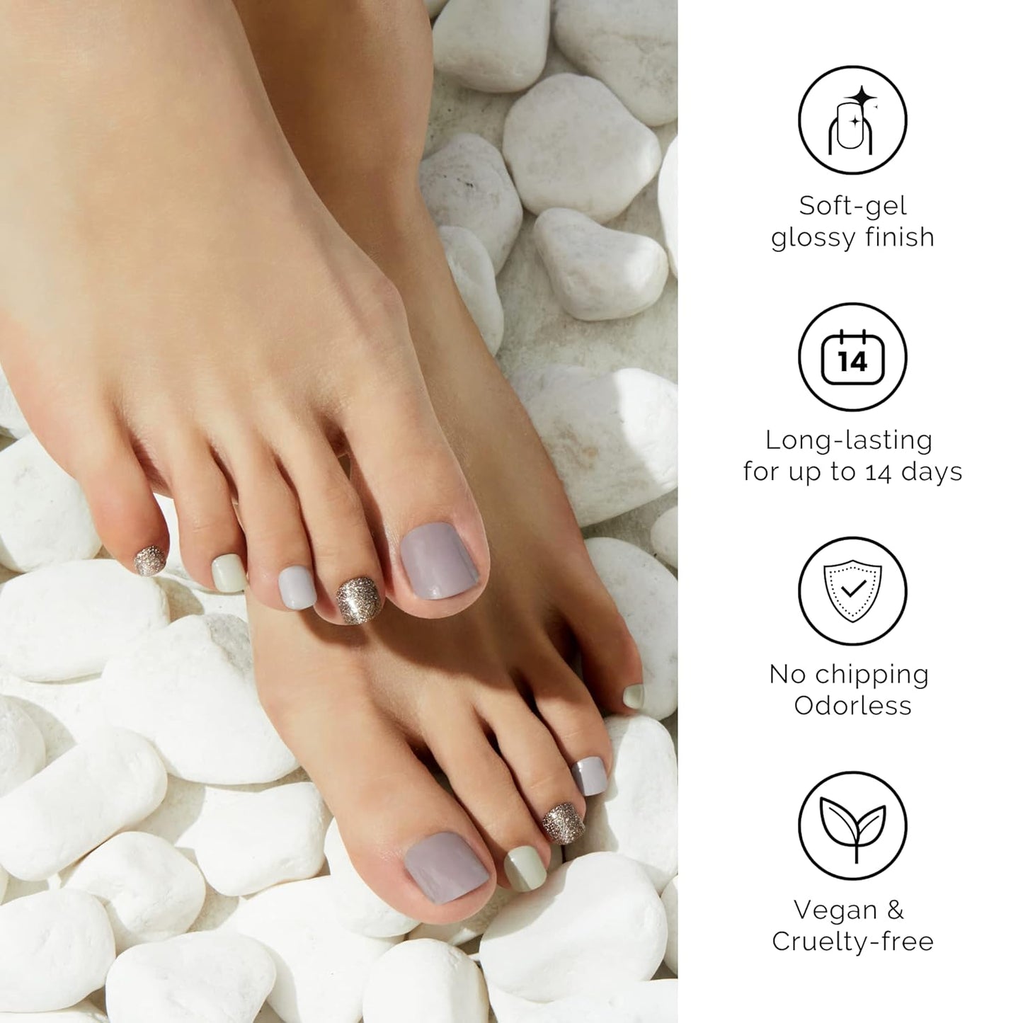 NAILOG Semi Cured Gel Nail Strips, Toe Nail Polish Strips with Glossy Gel Finishing | Buy 3 Get 1 UV Lamp| 32 Pieces Long Lasting Pedi Stickers | Purple & Gray