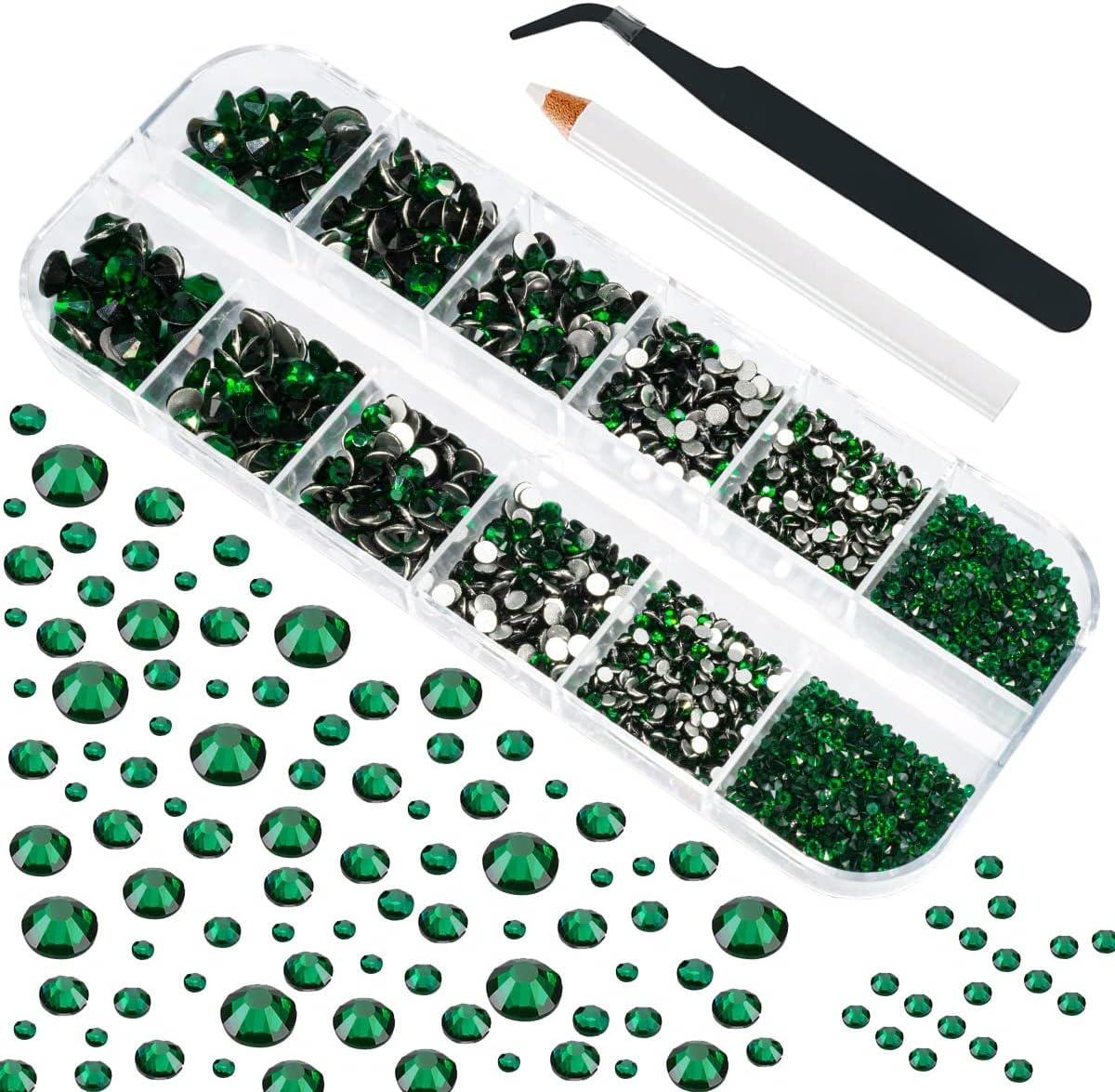 4010pcs Green Nail Art Rhinestones Kit, qiipii Round Glass Emerald Flatback Crystal Stones Nail Charms 6 Sizes (1.6-6.1 mm) Up to SS30 Nail Gems w Pick up Tweezer Pen for Nail Crafts Face Eyes Makeup
