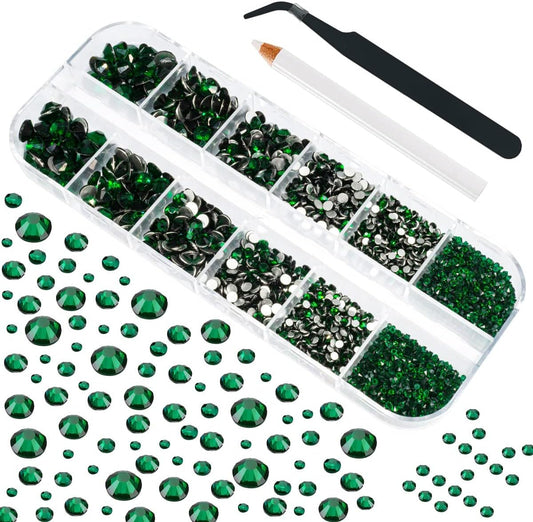 4010pcs Green Nail Art Rhinestones Kit, qiipii Round Glass Emerald Flatback Crystal Stones Nail Charms 6 Sizes (1.6-6.1 mm) Up to SS30 Nail Gems w Pick up Tweezer Pen for Nail Crafts Face Eyes Makeup