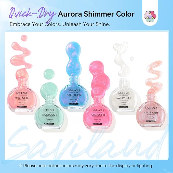 SAVILAND Color Artistry Nail Polish Set: Quick Dry Mermaid Nail Polish 6-Color Pearl Pink Blue White Nail Lacquer Polish Kit 12-Free with Castor Oil Sheer Color Nail Art DIY Manicure Aurora Nail