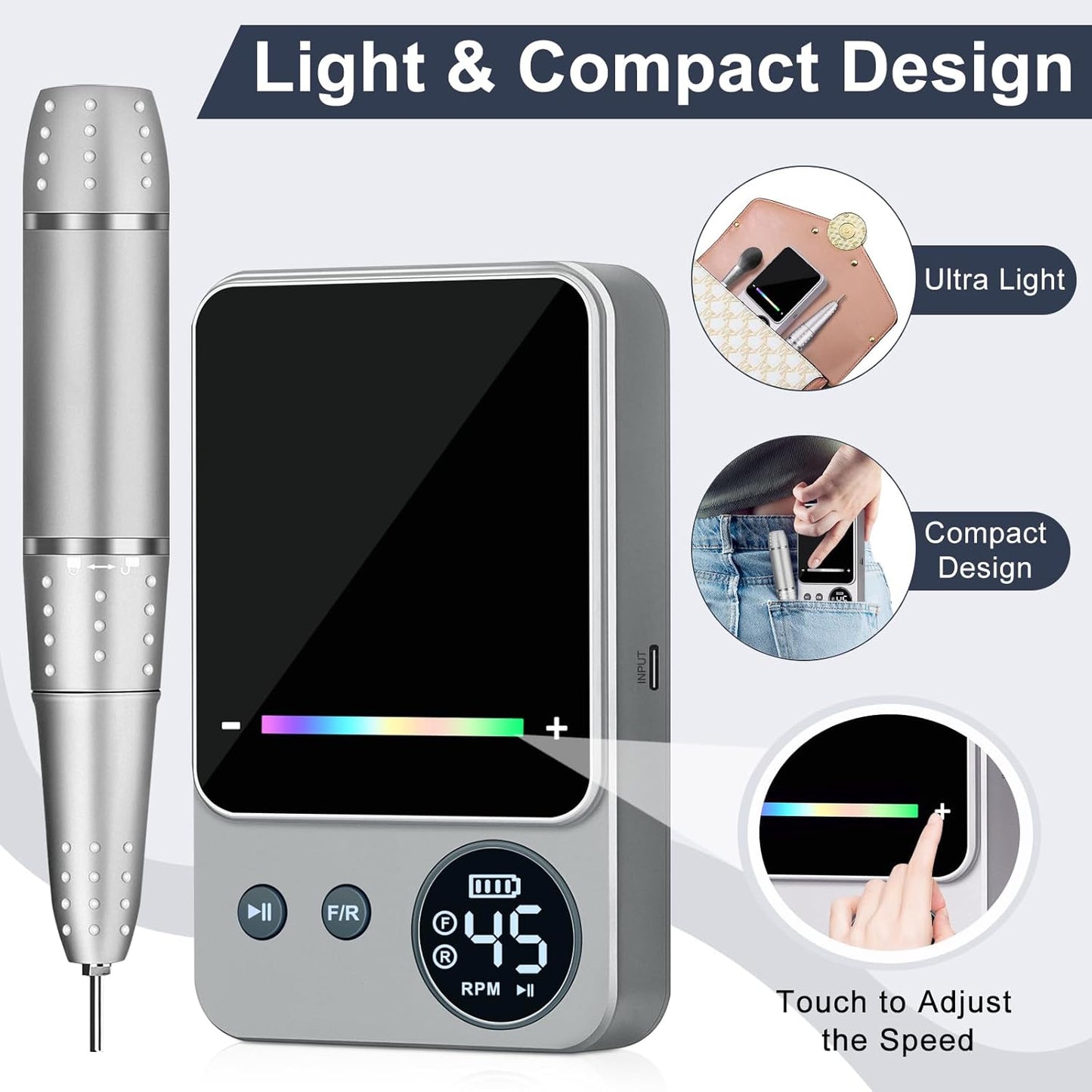 Electric Nail Drill Professional, Urbuti 45000RPM Nail Drill 4000mAh High Capacity Rechargeable Electric Nail File 11 Drill Bits Remover Gel Nail Polish Acrylic Nails Manicure for Salon Home(Gray)