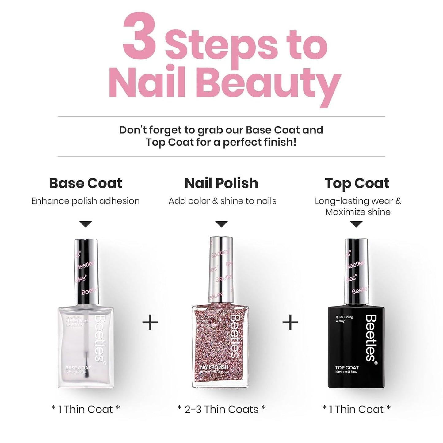 Beetles Glitter Nail Polish, 15ml Light Pink Sparkly Iridescent Rainbow Shimmer Nail Polish, Diamond Shiny Glitter Fast Drying & Long Lasting Nail Lacquer Shimmer for Nail Salon-Quality Results