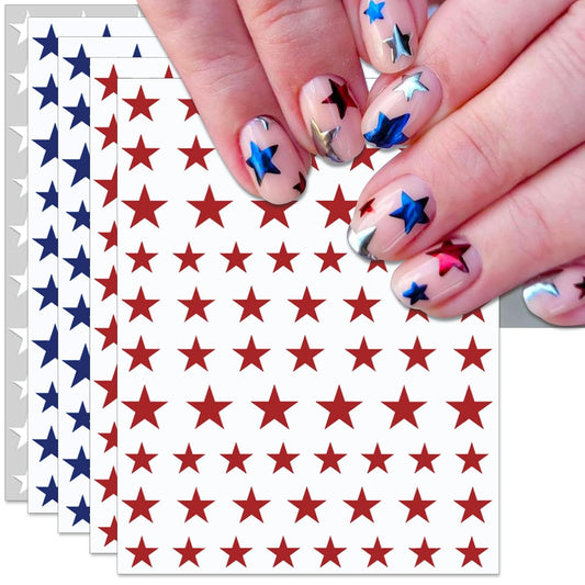 4th of July Nail Stickers, Laser Bright Red Blue White Star for Independence Day Patriotic Nail Decals, 3D Design Self-Adhesive USA Flag Glitter Star Nail Art (6 Sheets)