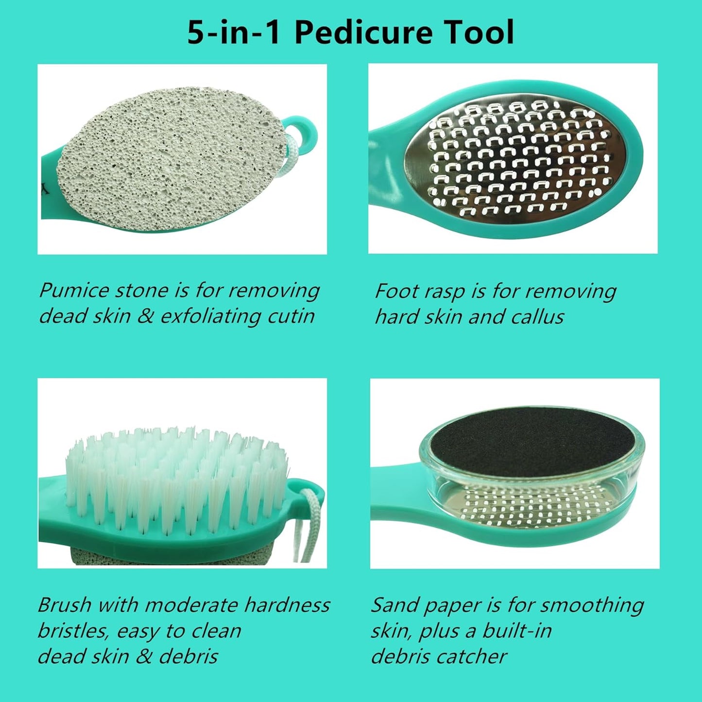 Foot File Callus Remover 5-in-1, 2 Pcs Feet Scraper Pedicure Tools with Pumice Stone, Scrubber Brush, Stainless Steel Foot Rasp and Sand Paper Debris Catcher, Multi Purpose, Pink Cyan