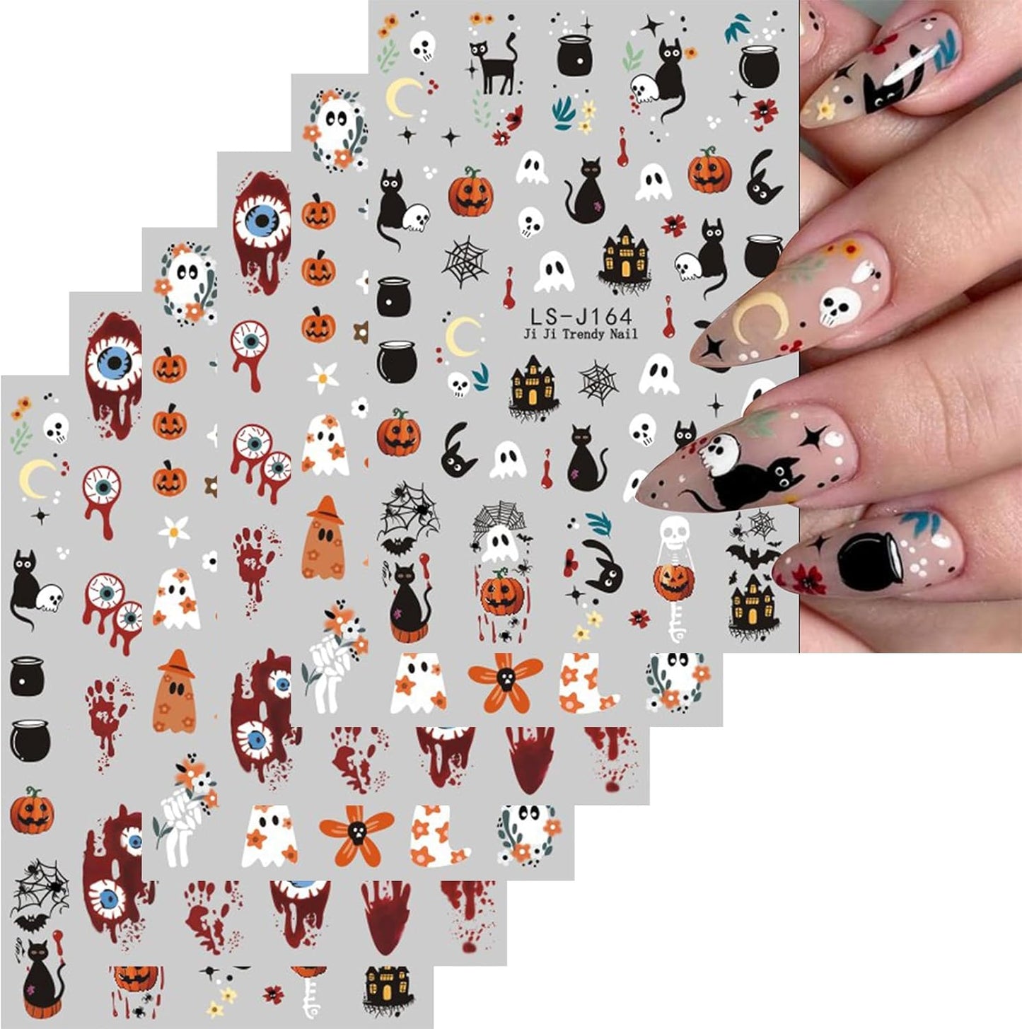 Halloween Nail Stickers for Nail Art Cute Ghost Black Cat Pumpkin Blood E3D Self-Adhesive Nail Decals Nail Art Supplies Nails Design Manicure Stickers for Nails Decoration 6Sheets