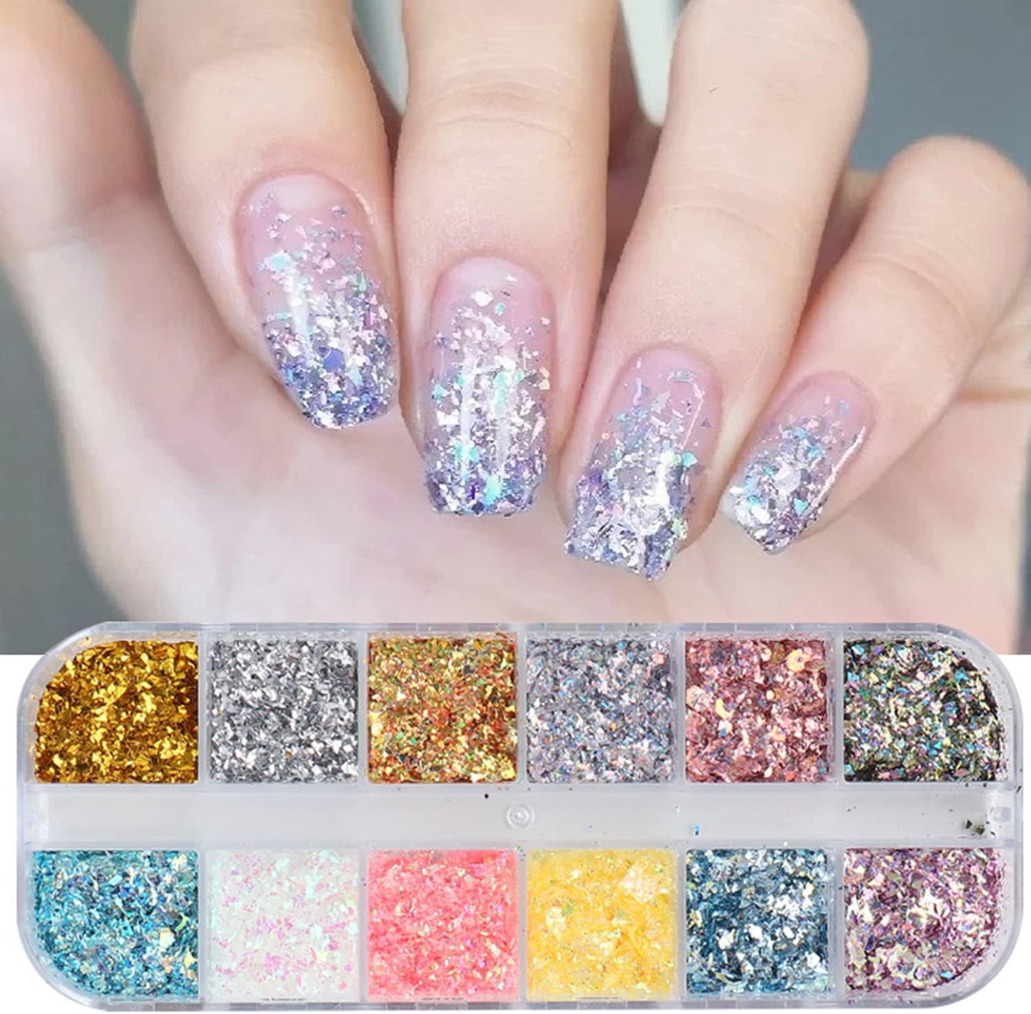 Holographic Glitter Nail Art Flakes, 12 Colors Irregular Sparkly Sequins Design, 3D Shiny Powder Acrylic Nails Supplies for Women Girls Manicure Charms Decorations, DIY Resin Tips