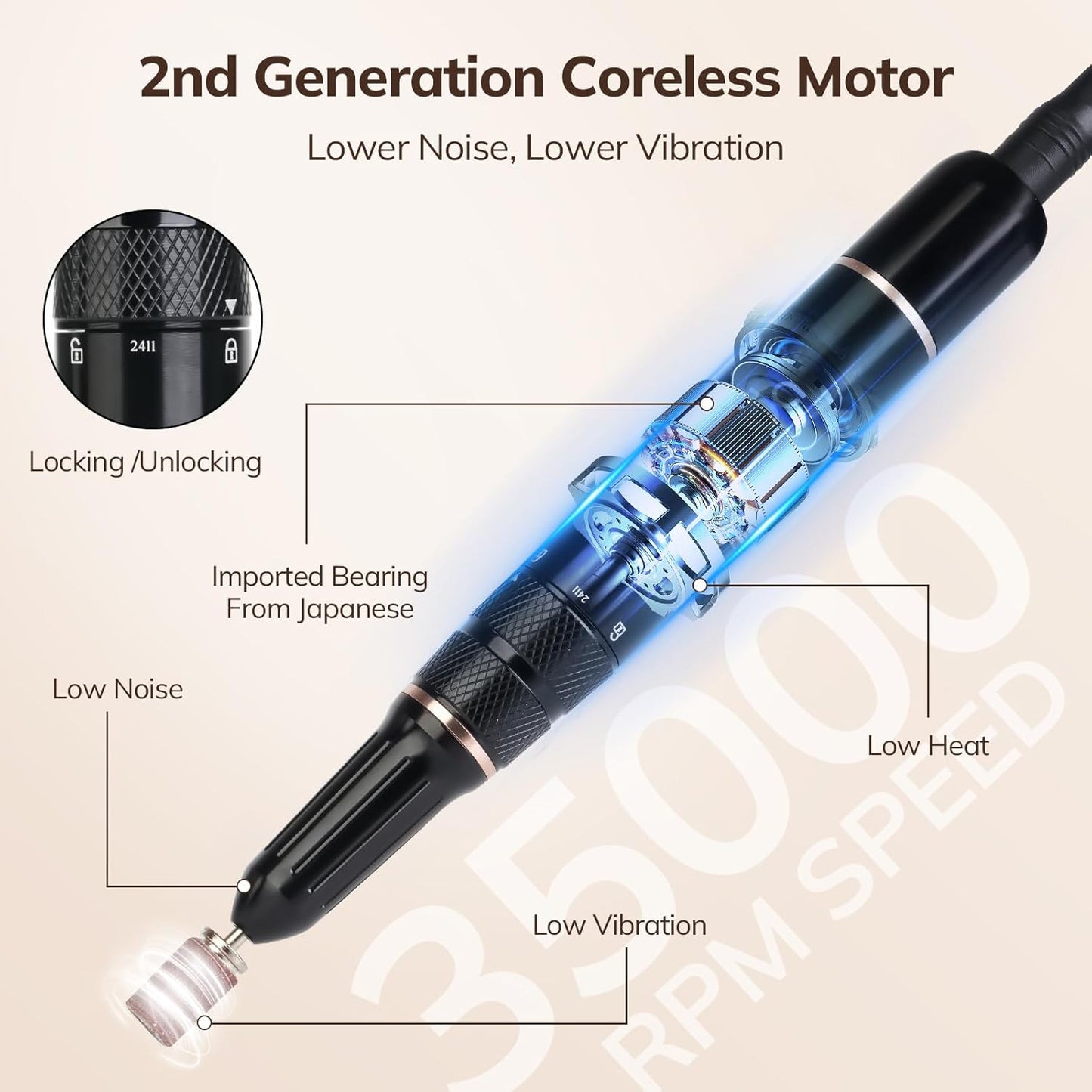 Lavinda 35000RPM Electric Nail Drill, Cordless Nail Drill Machine Portable Rechargeable Nail Efile for Acrylic Gel Nails, Manicure Pedicure Polishing Shaping Tool for Salon Home Use-Cow Print