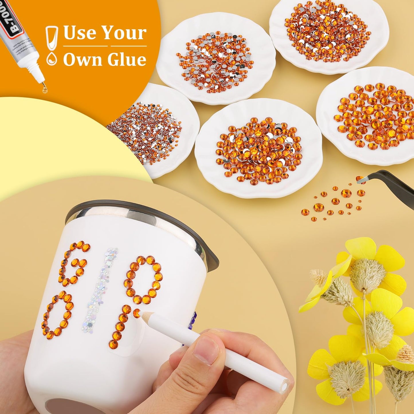Resin Rhinestones for Crafting, 1 Box Orange Flatback Crystals for Bedazzling Crafts DIY Nail Art Decoration, Non Hotfix Bulk Gems for Tumbler Shoes Clothing Fabric Face Makeup