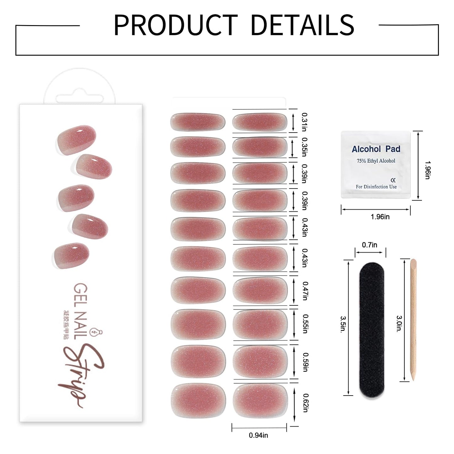 WOKOTO 1 Sheet Semi Cured Gel Nail Strips With Wood Stick, Nail File & Prepared Pads, 20 Tips Transparent Red Glitter Semi Cured Nail Polish Strips Stickers, Harden With UV Light Gel Nail Stickers