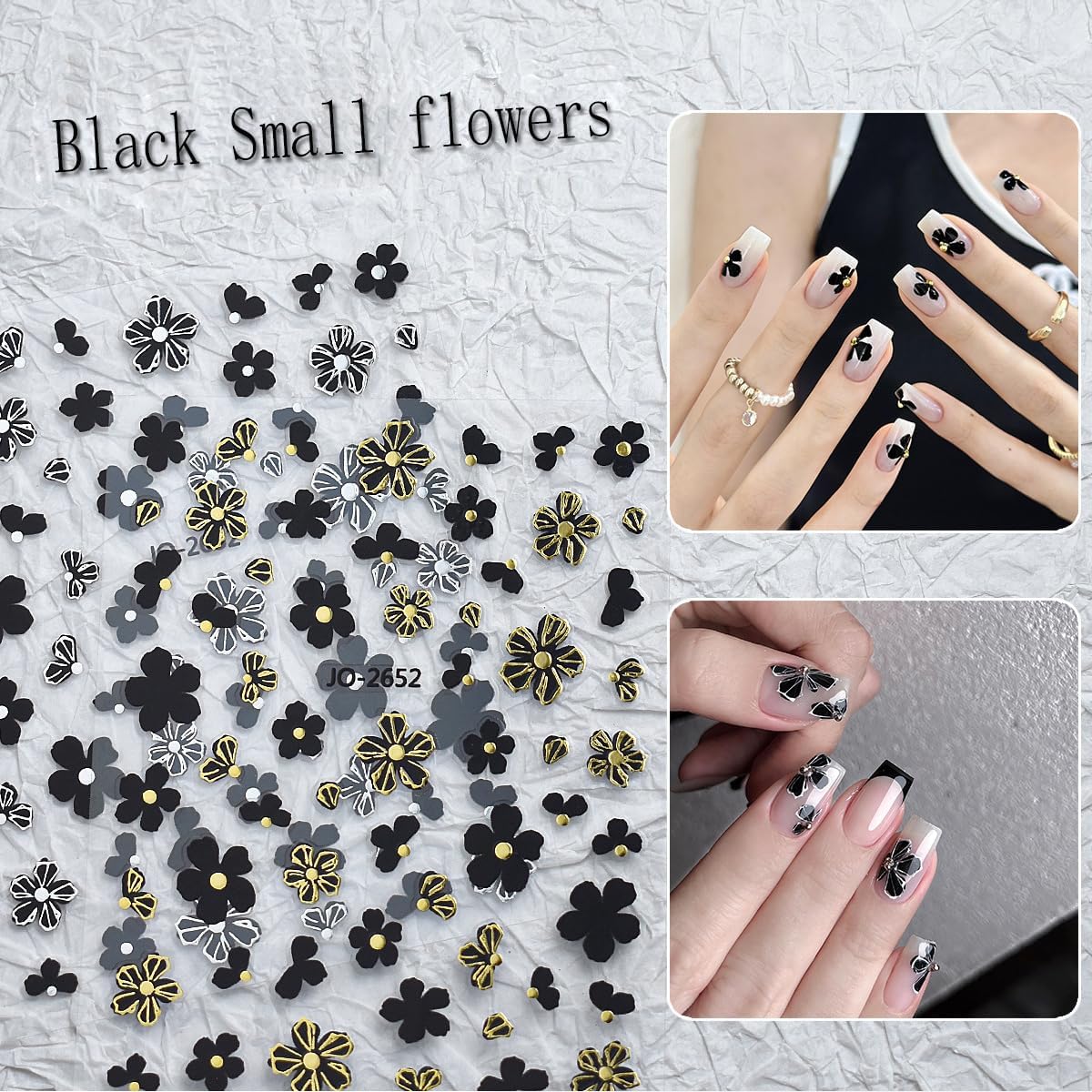 6Sheets Camellia Petals Nail Art Stickers 3D Metallic Flowers Nail Decals Engraved Flower Nail Sticker Black Gold Silver Designs Self-Adhesive Floral Nail Supplies for Women French Manicure Decoration