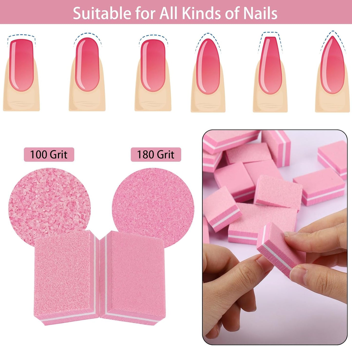 Nail Buffers 150 Pcs Mini Nail Buffer for Natural Nails 100/180 Grit Buffers for Nails Polishing(Pink)