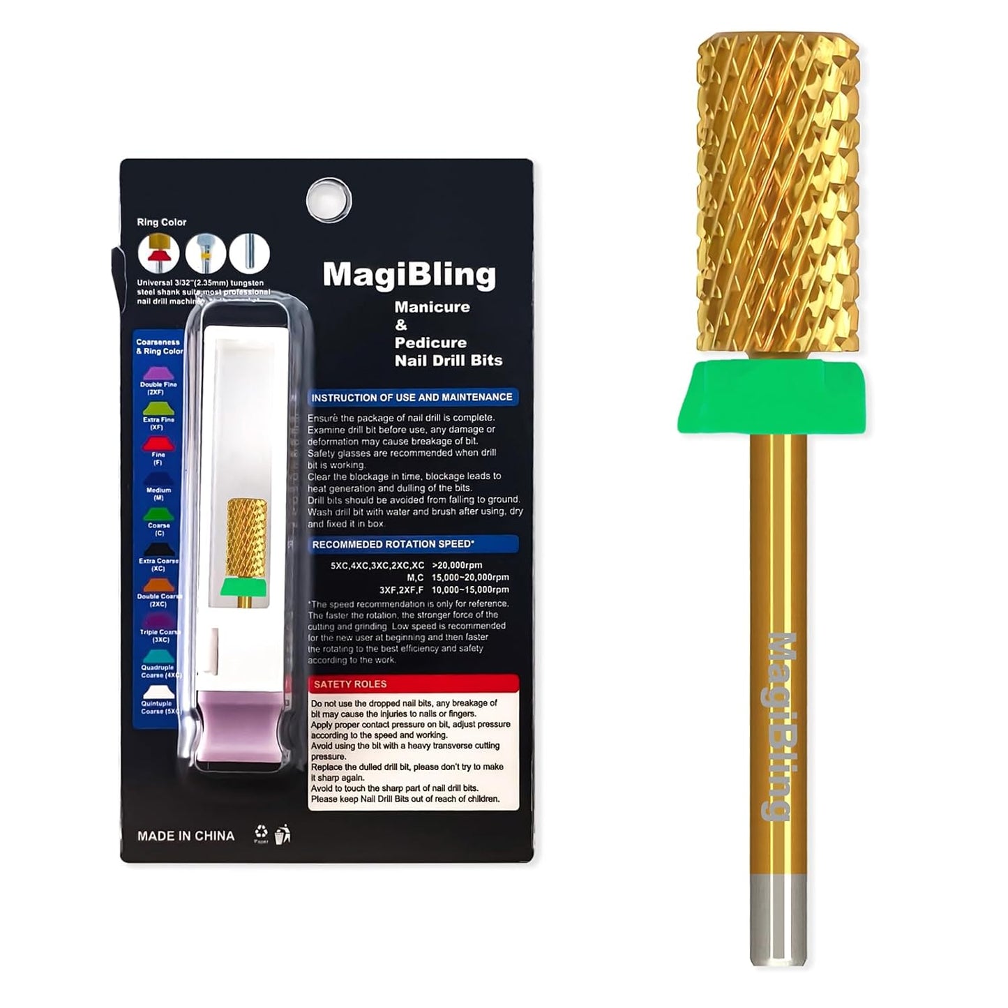 Super Cut Large Barrel Nail Drill Bits, 3/32'' Professional Tungsten Carbide Bits, Remove Hard and Soft Gel Fast, Right Hand Use, Manicure Pedicure Cuticle Gel Polishing, Gold Color, Coarse.