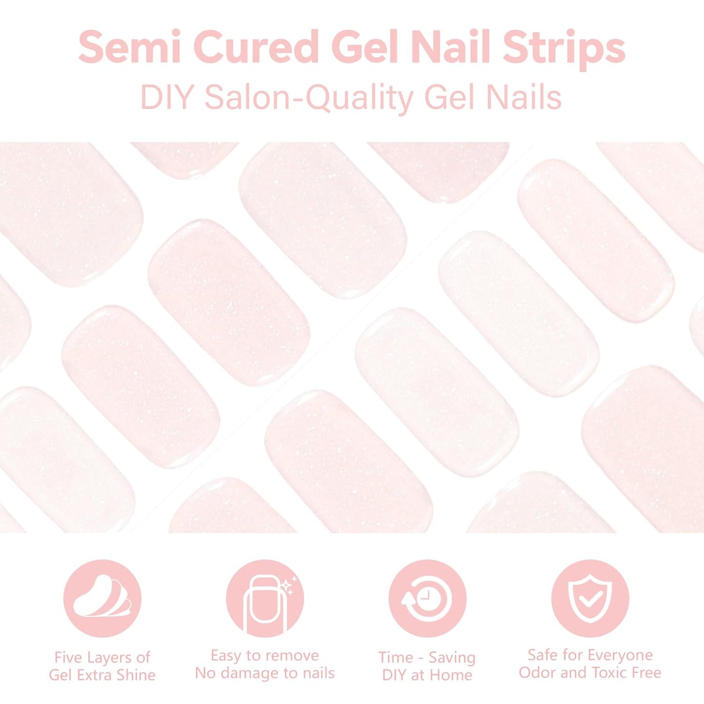 Semi Cured Gel Nail Strips-Salon Quality Semi-Cured Gel Press On Nails Stickers Strengthening Quick DIY Nail Art Manicure Kits for Women at Home 14-Day Wear(Romantic Pink)
