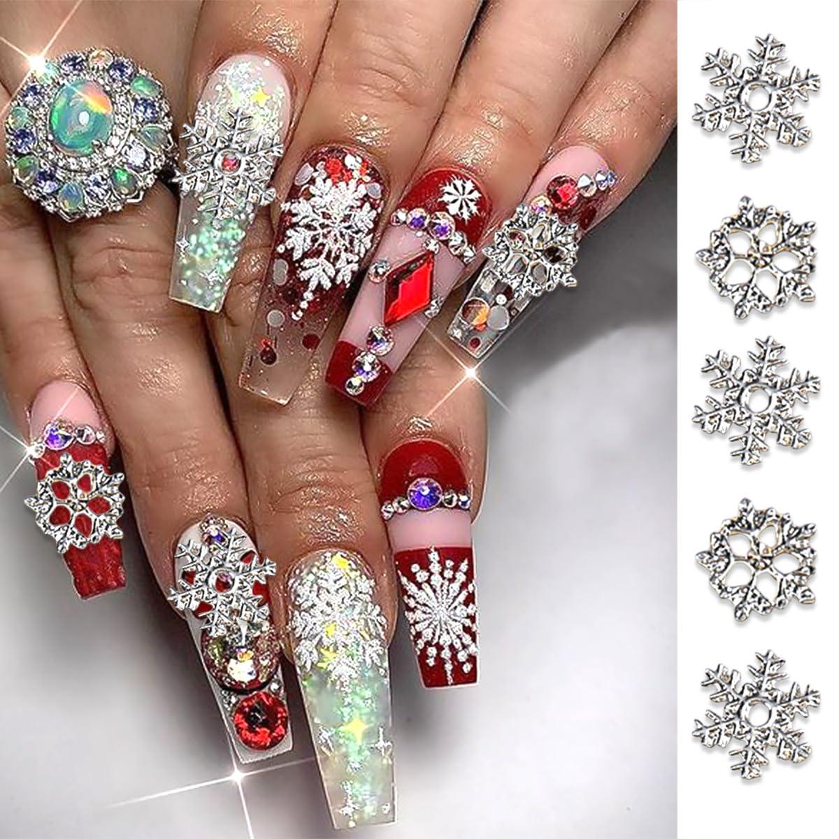 20Pcs Christmas Nail Charms Silver Snowflake Nail Rhinestones for Nails Art 3D Luxury Bling White Nail Gems Winter Cute Pearl Nail Jewelry Christmas Snowflake Bling Nail Charms for Women Acrylic Nails