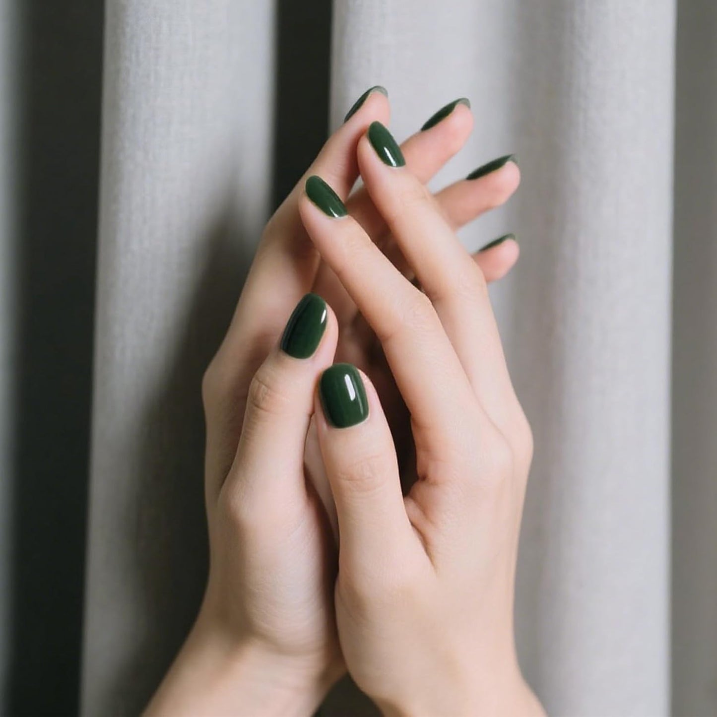 Semi Cured Gel Nail Strips-Beginner Friendly Semi-Gel Press Ons,Bubble-Free Application,5 Min DIY,Short Coffin Shape,Works with Any UV/LED Lamps(Cream Moss)
