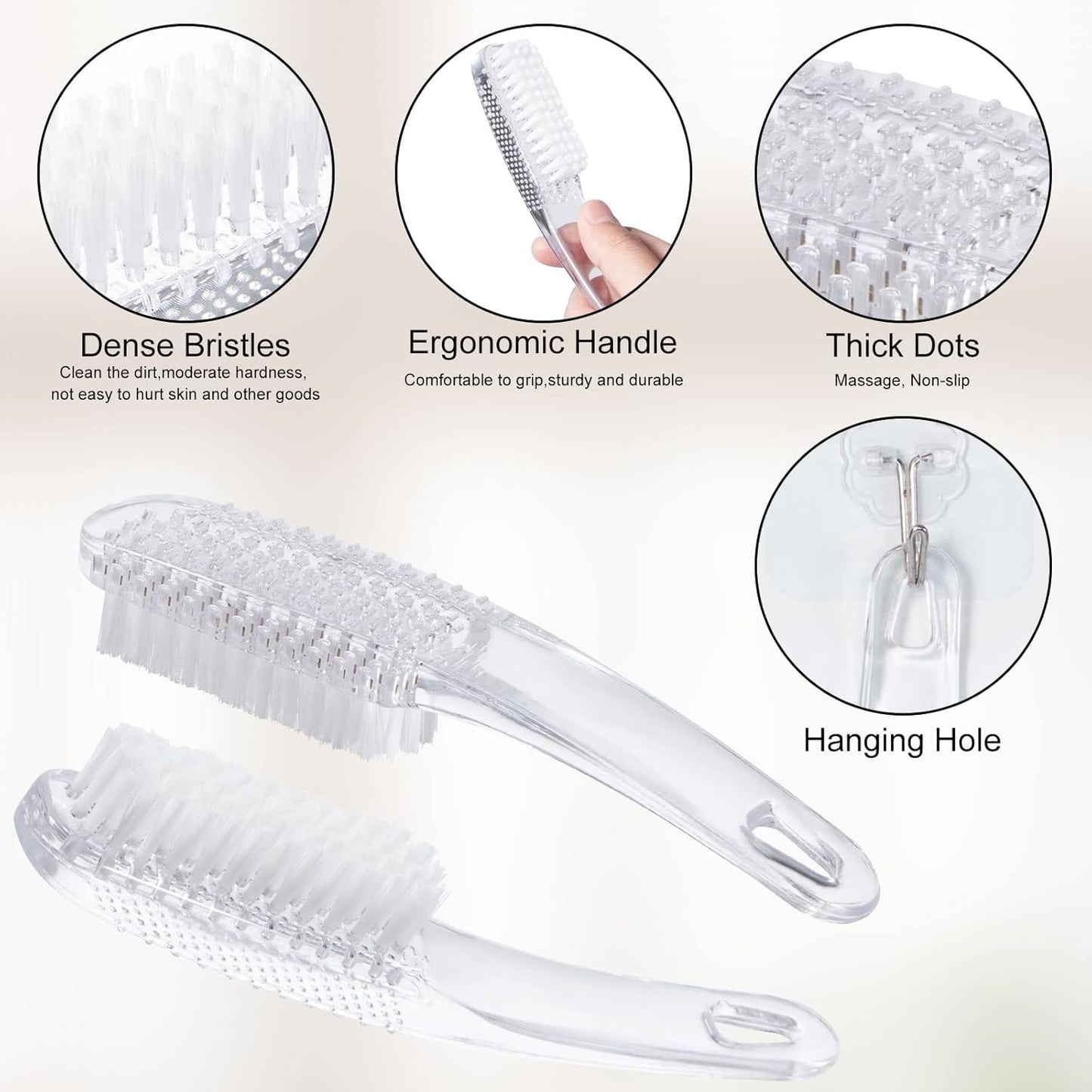 6 Pcs Handle Grip Nail Brushes for Cleaning, Long Handle Fingernail Cleaner, Hand Nail Toes Cleaning and Scrubbing Brushes, Pedicure Nail Scrubber Non-Slip for Men and Women, Clear