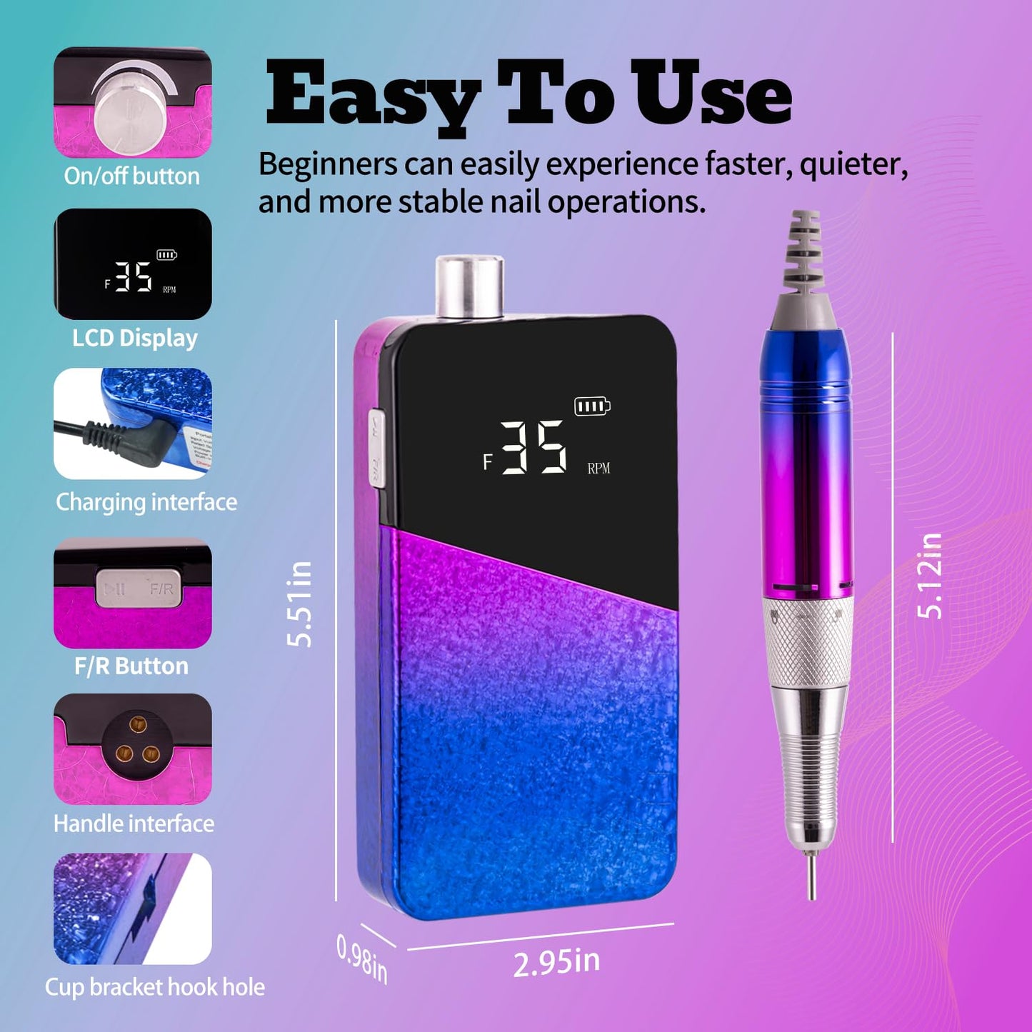 Electric Nail Drill Machine 35000RPM Professional Portable Nail File Cordless Rechargeable Nail Efile for Acrylic Gel Nails Manicure Pedicure Polishing Shape Tools for Salon Home Use Nail Drill(Blue)