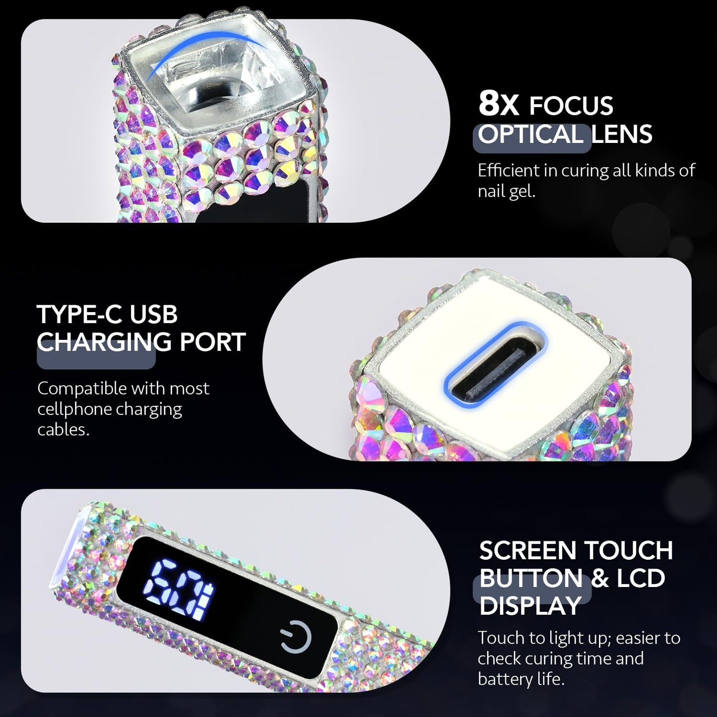 GAOY Handheld UV Light for Gel Nails, Mini Nail Lamp, Portable Cordless Rechargeable, Fast Curing, Diamond