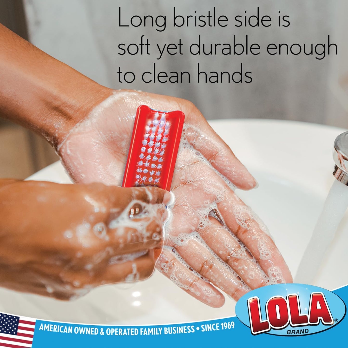 LOLA Classic Hand & Nail Brush, 2 Sided - 3 Pack, Soft & Stiff, Long-Lasting, Comfortable No-Slip Grip, Cleans Hands & Fingernails, Red