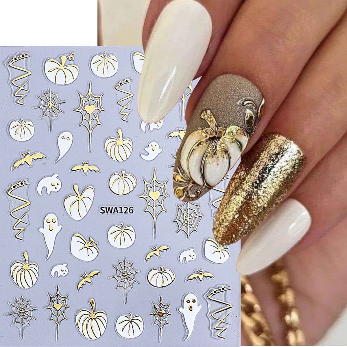 Halloween Pumpkin Nail Art Stickers Decals Fall Maple Leaf Nail Decals 4PCS Ghost Spider Web Bat Fall Leaves Halloween Nails Design 3D Self-Adhesive Nail Stickers for Women DIY Nail Art Decorations