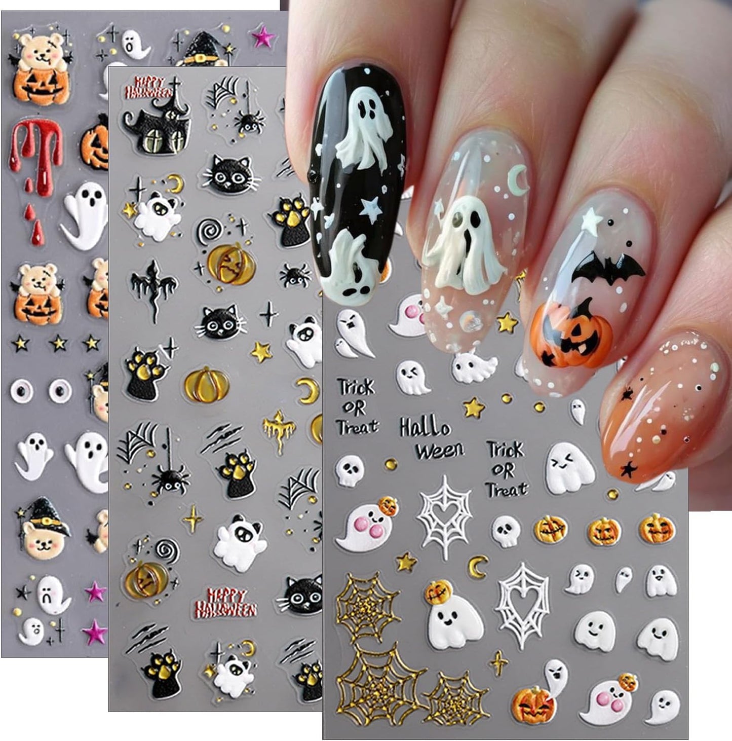 3 Sheets Halloween Nail Stickers for Nail Art, 5D Embossed Halloween Nail Art Stickers Cute Cat Ghost Nails Decals Self-Adhesive Gold Pumpkin Spider Web Nails Supplies for Women DIY Manicure Decor