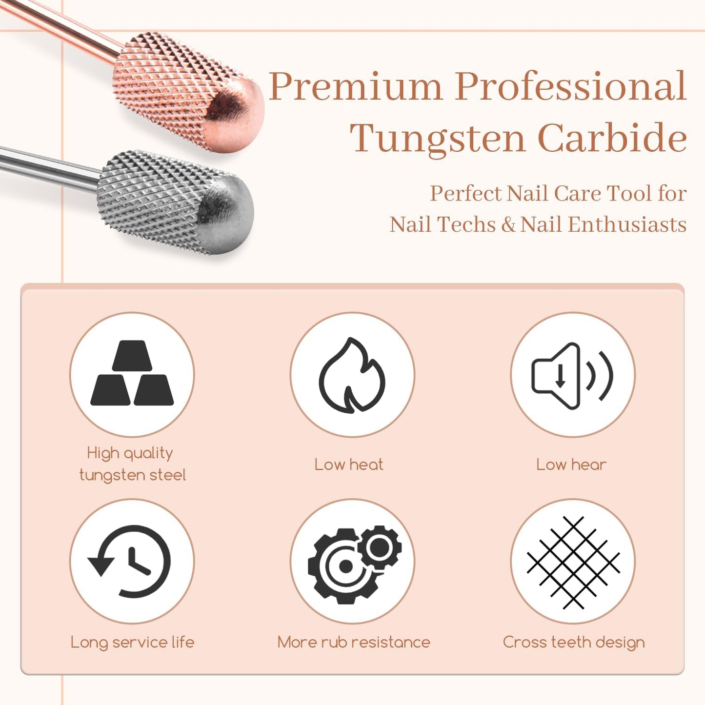 Dill Bits for Nails 2 PCS, 3/32'' Safety Nail Drill Bits, Smooth Top Carbide Bits for Acrylic, Soft Gel, MEDIUM Nail Bit Set for Manicure Pedicure, Beginners Bits, Rose Gold & Sky Grey (M)