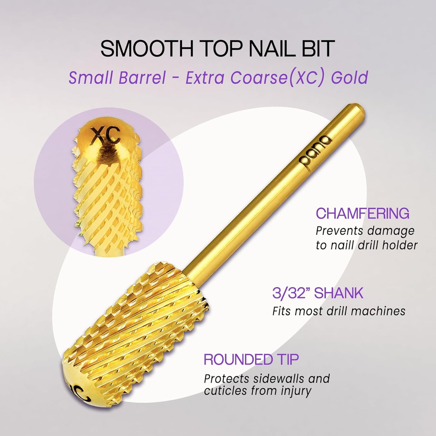 PANA 3/32" Small Smooth Round Top Safety Carbide Nail Drill Bit for Gel Polish & Acrylic Removal Nail Salon Manicure Pedicure Electric File Tools (Small Barrel - Gold, Extra Coarse)