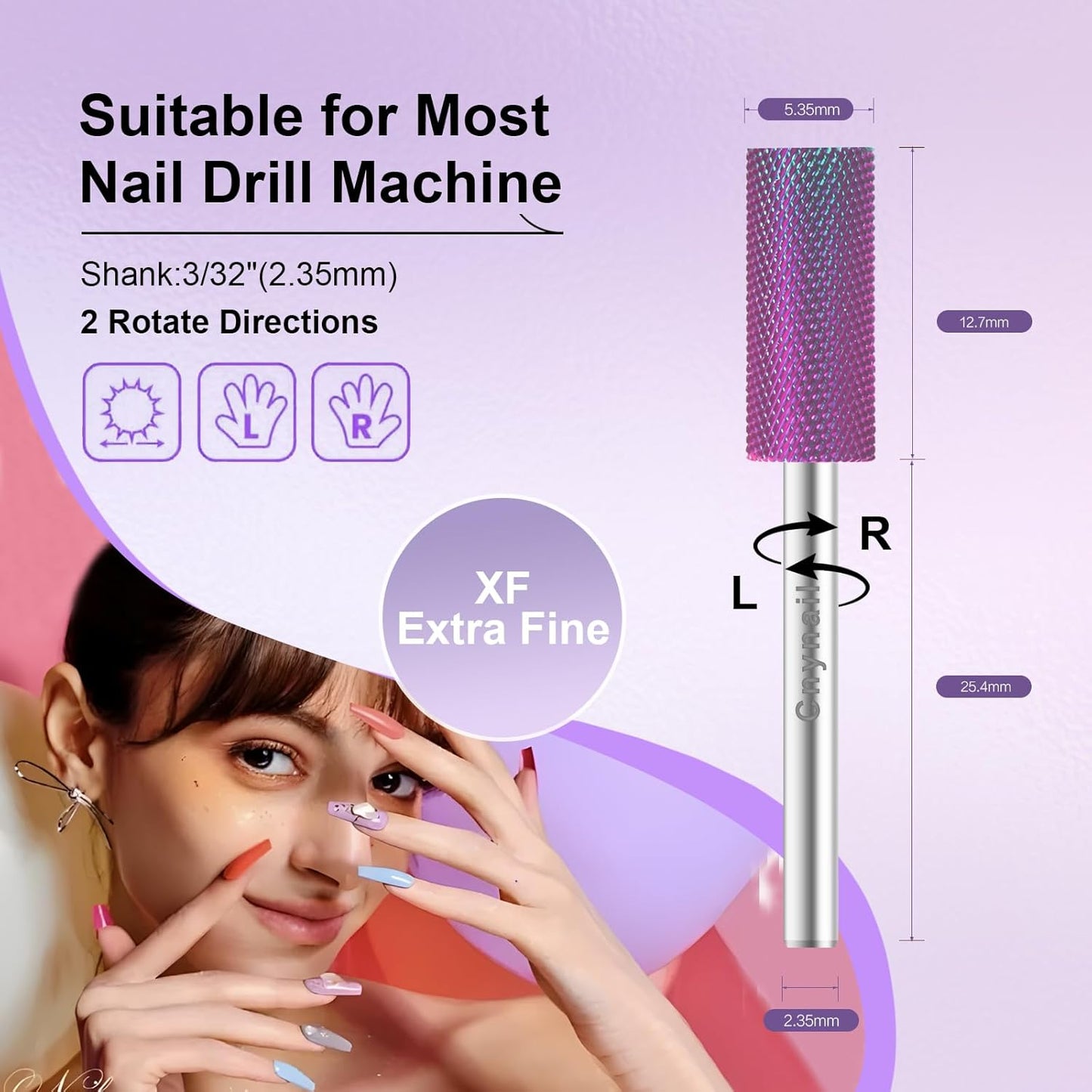 3/32" Small 5.35MM Barrel Bit Tungsten Carbide Nail Drill Bit Safety Bit for Gel & Acrylic Removal, 2- Way Rotating Efile Tip, Salon Electric File Accessory (XF Girt, Purple)